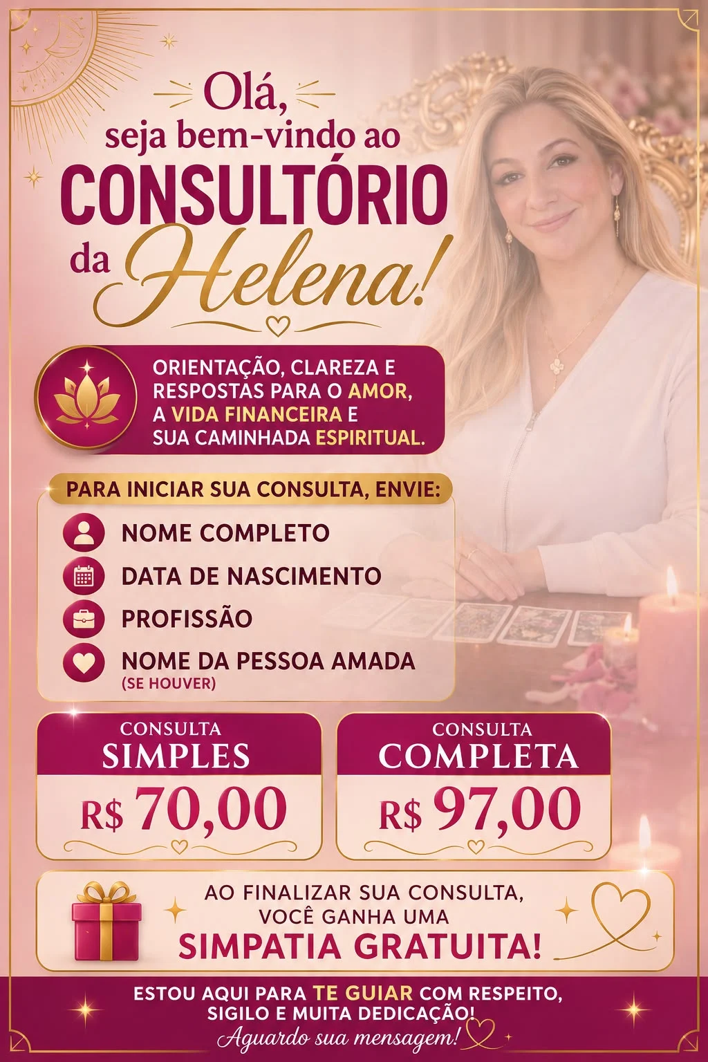 Promoção de agosto da Helena Sensitiva: consulta simples por R$ 70 e consulta completa por R$ 97
